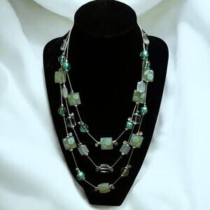 Multi-Strand Layered Silver Tone/Sea Foam Green Glass Beaded Necklace